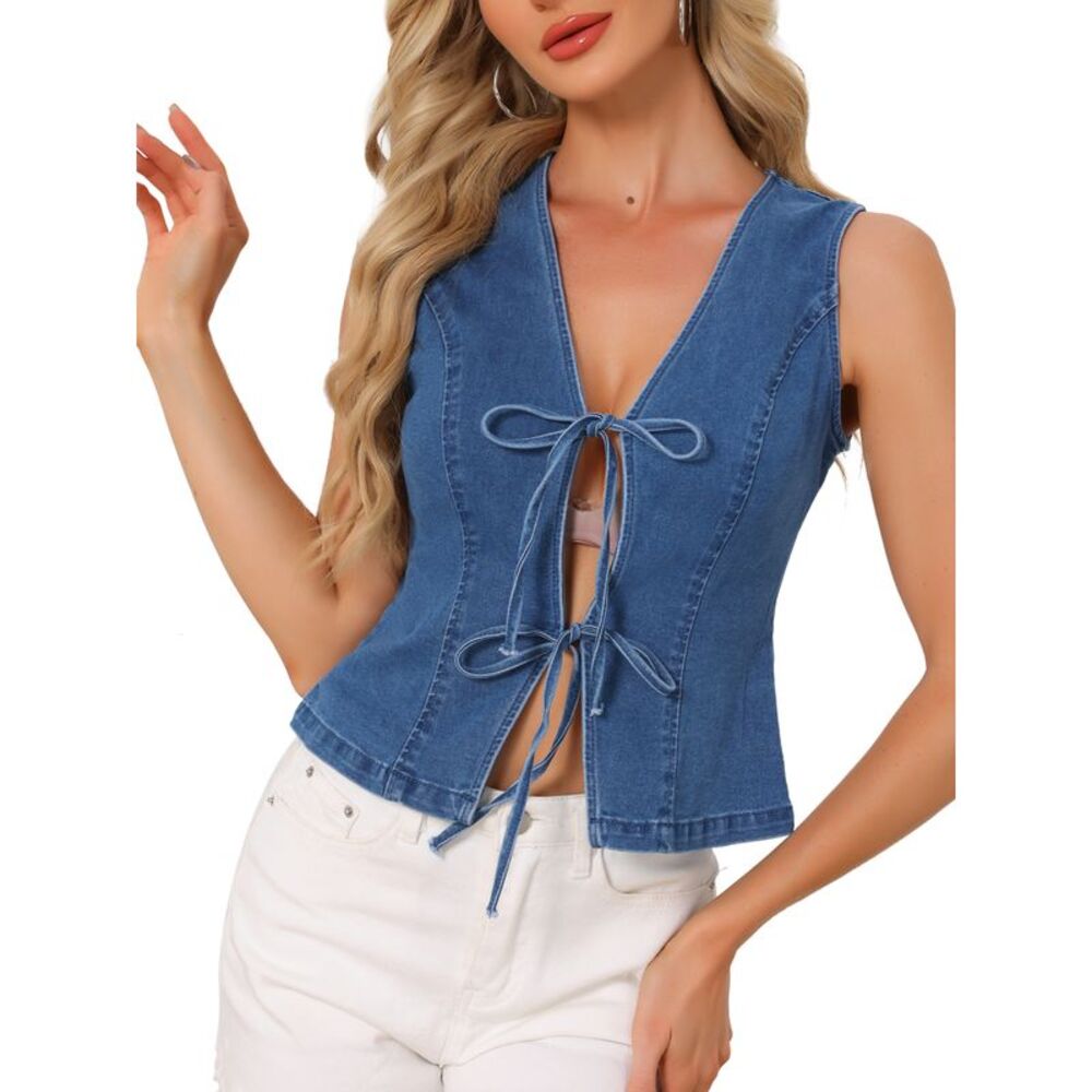 Women's Denim Vest Bow Tie Front Jean Vests Top Blue